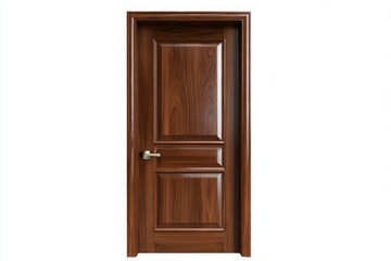 Elegant polished dark wood interior door with a silver handle isolated on white background