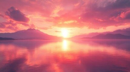 Serene sunset over tranquil lake with mountain backdrop (1)