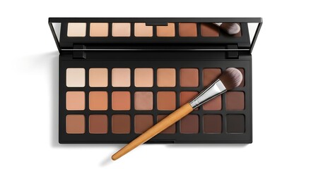 A top-down, realistic flat lay of a modern eyeshadow palette with various shades of  brown