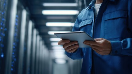 The technician using a tablet in a modern server room environment.