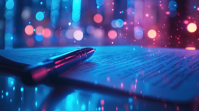 Cyberpunk Style Pen and Document with Futuristic Cityscape Background - Powered by Adobe