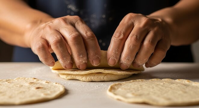 Close-up of hands pressing uncooked tortillas, dusted with flour on a white surface, concept for homemade food, traditional cooking and culinary arts preparation