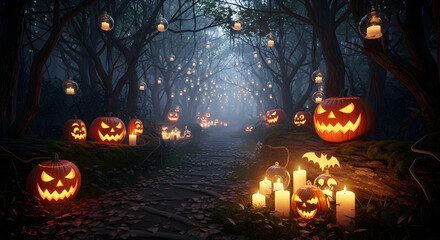 Enchanted Halloween Path: Forest Illumination with Jack-o'-Lanterns and Glowing Orbs