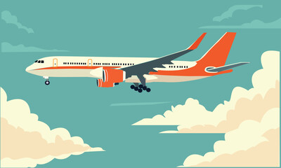 Obraz premium PrinFlat Vector Airplane Flying Over Clouds and Ocean – Minimal Travel Illustrationt