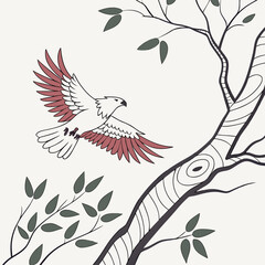 Stylized illustration of a majestic eagle with reddish brown wings soaring through the air near a tree with green leaves