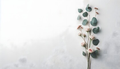 Elegant flat lay with eucalyptus leaves and delicate pink flowers on a white marble background. Minimalist natural design concept with copy space.