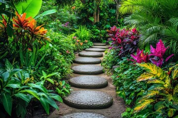 The path of stepping stones invites visitors to explore a rich garden adorned with lush greenery and a variety of colorful blooms, creating a serene atmosphere