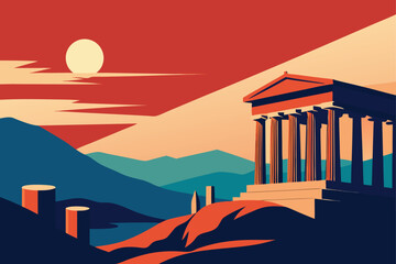 travel poster with greek ruins in background  .eps