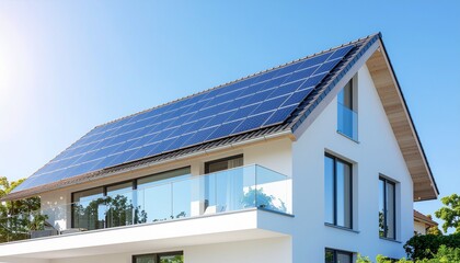 Modern residential house with rooftop solar panels. Photovoltaic system for renewable, sustainable green energy on a sunny day.