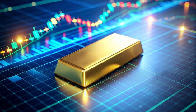A single gold bar on a digital grid with a financial stock market chart in the background, representing investment and wealth.