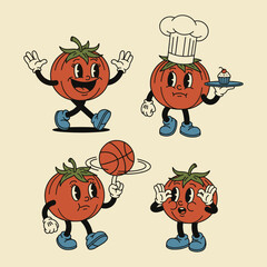 Retro cartoon tomato characters set, vintage mascot collection, chef, basketball player, happy poses
