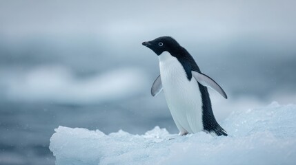 Fototapeta premium The Majestic Penguin Standing on Ice in a Chilly Coastal Landscape