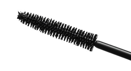 A detailed, realistic macro shot of a mascara wand, fully coated in black mascara. 