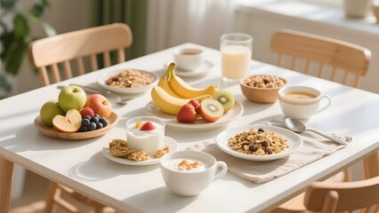 A well-lit breakfast table set with fresh fruits, cereals, yogurt, and beverages.