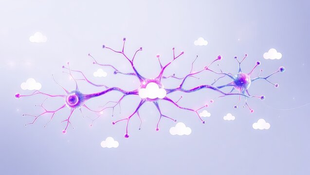 A digital illustration of neurons connected to clouds in a light purple and white background space - Powered by Adobe