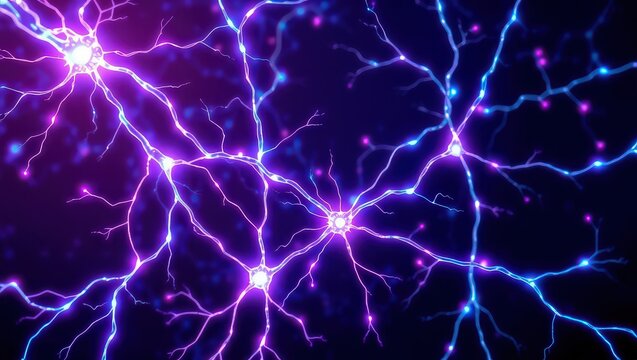 A close up view of glowing neural network connections in purple and blue on a dark background