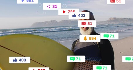 Surfer with yellow board on sunrise beach, initiating follower icon and grouping social media stats