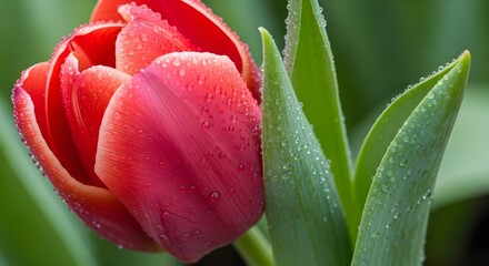 A fresh red tulip in bloom with water droplets on its petals, captured in natural morning light.