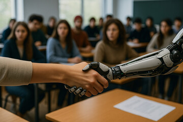 Handshake between a human and an AI robot in a classroom, symbolizing the future of education, technology integration, and collaborative learning with students in the background.