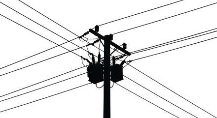 High voltage power pole with electric transformers and overhead utility wires, energy transmission infrastructure, black silhouette on white background