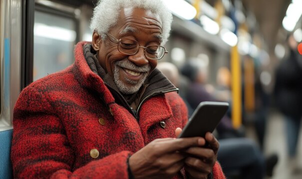Happy elderly senior black African American man smiling at his phone on the subway, showcasing positive aging and the connection between technology and everyday life, Generative AI