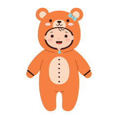 A cheerful baby is depicted wearing an orange bear costume with a blue bow on its head.