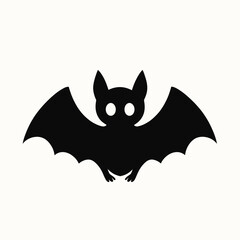 Simple black silhouette of flying bat with spread wings and round eyes isolated on white background flat vector illustration Halloween spooky animal symbol design