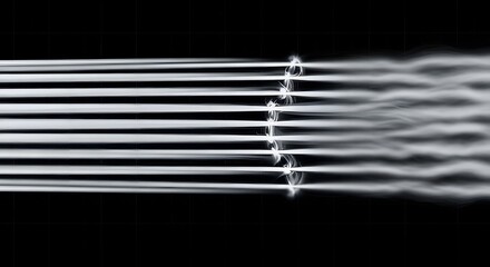 Dynamic fluid dynamics simulation showing turbulent airflow patterns over sleek, modern parallel structures against a dark grid background
