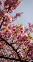 A view of pink cherry blossoms against a clear blue sky