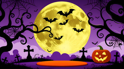 Spooky Halloween scene with moon bats and pumpkin night
