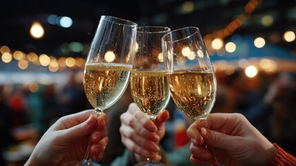 Friends toasted in celebration at night, surrounded by the city lights and warm glow.