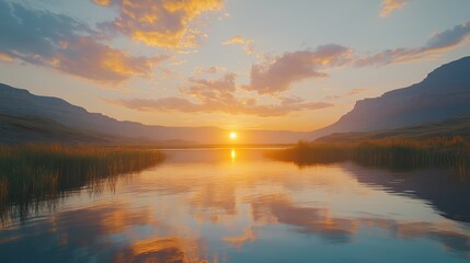 Fototapeta premium Serene sunset over tranquil lake with mountains reflected (2)