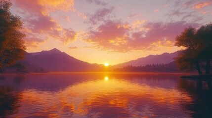 Serene sunset over tranquil lake with mountains reflected (3)
