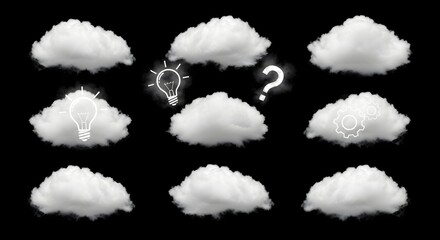 Innovative ideas bloom on clouds with gears of progress and questions driving new solutions