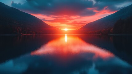 Serene sunset over tranquil lake with mountains reflected