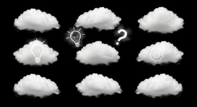 Innovative ideas bloom on clouds with gears of progress and questions driving new solutions