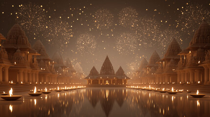 Ram Mandir with glowing diyas and fireworks in background, night festival atmosphere