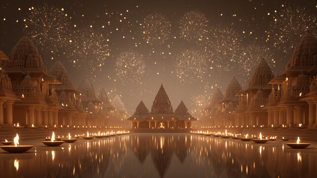 Ram Mandir with glowing diyas and fireworks in background, night festival atmosphere