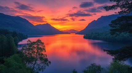 Serene sunset over tranquil lake with mountains reflected