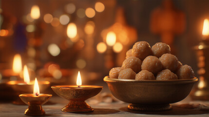 Spiritual Feast: Captivating the serenity of a cultural celebration, warm candlelight bathes a bowl of golden laddu sweets in a captivating, close-up embrace.  