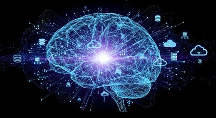 A digital brain surrounded by cloud icons and data symbols on a black background with bright light