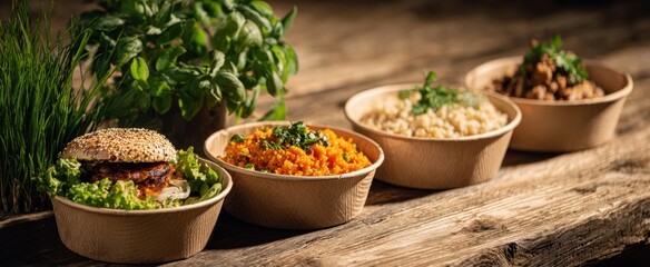The delicious assortment of healthy foods in eco-friendly bowls on a rustic table.