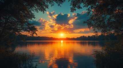 Serene Sunset Over Tranquil Lake with Reflections