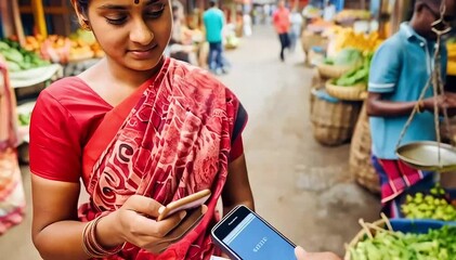 An Indian woman in a traditional sari uses her phone to pay at a bustling outdoor market, blending modern tech with daily life - Powered by Adobe