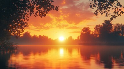 Serene sunset over tranquil lake with reflections