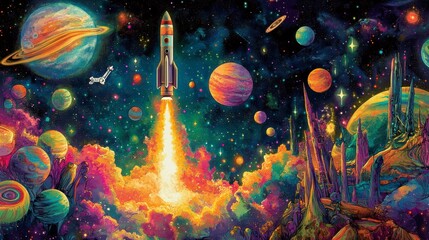 Colorful rocket launching into vibrant space with planets, stars, and alien landscape.