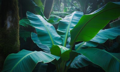 Tropical Jungle Foliage Lush Green Banana Leaves in Rainforest