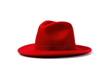 Stylish red felt fedora hat with ribbon band isolated on white background
