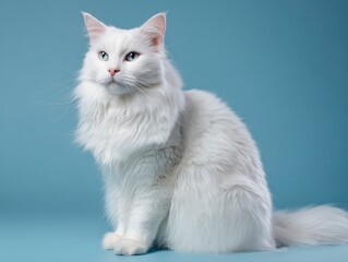 White Long - Haired Cat on Blue Background, for Pet Promotion, Cute Pet Design, Home Decoration, Animal Emotion Conveyance Scenarios
