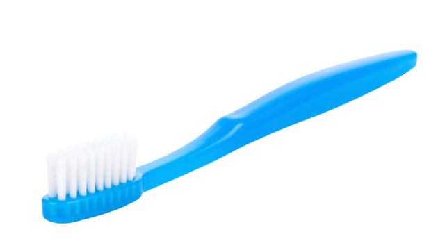 Blue plastic toothbrush with white bristles for dental care, essential for maintaining oral hygiene and a healthy smile isolated on solid white background Png - Powered by Adobe